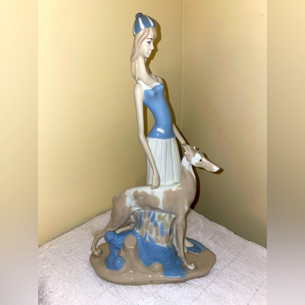 Elegant Figurine with Greyhound - Blue and Cream